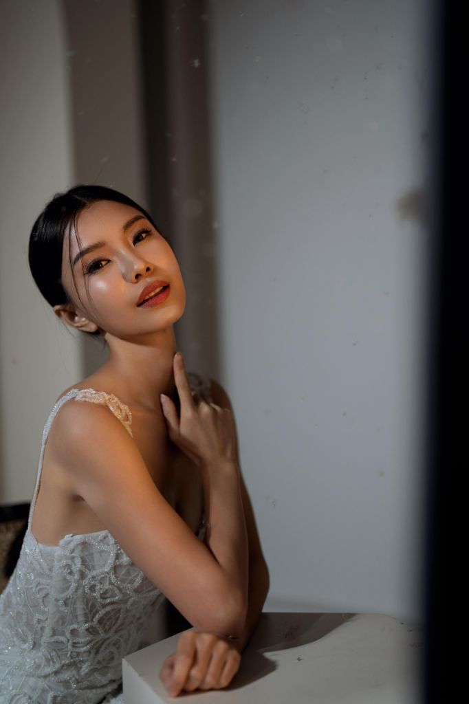 Studio bridal portrait with luminous skin and natural makeup
